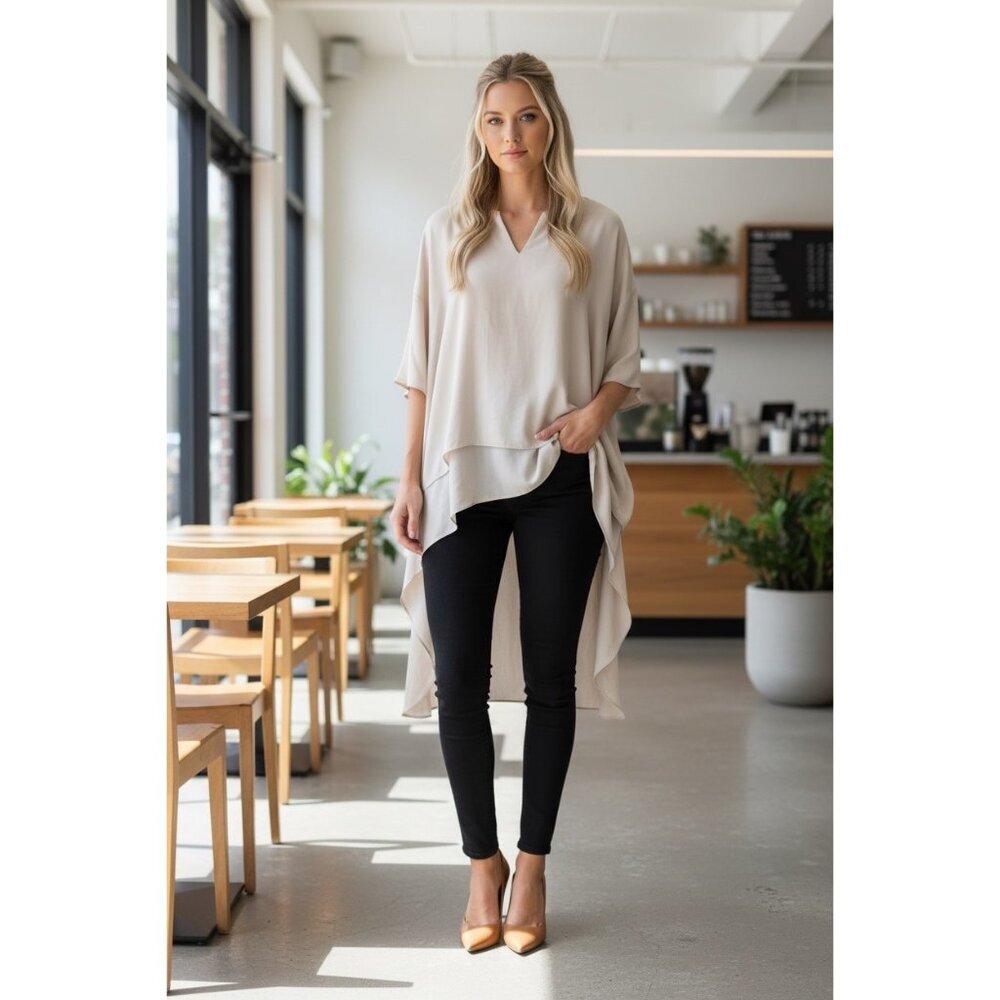 Women's Cream V-Neck High-Low Tunic Top